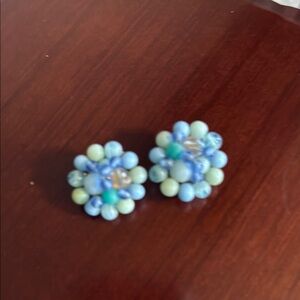 Blue and Green Beaded Flower Earrings